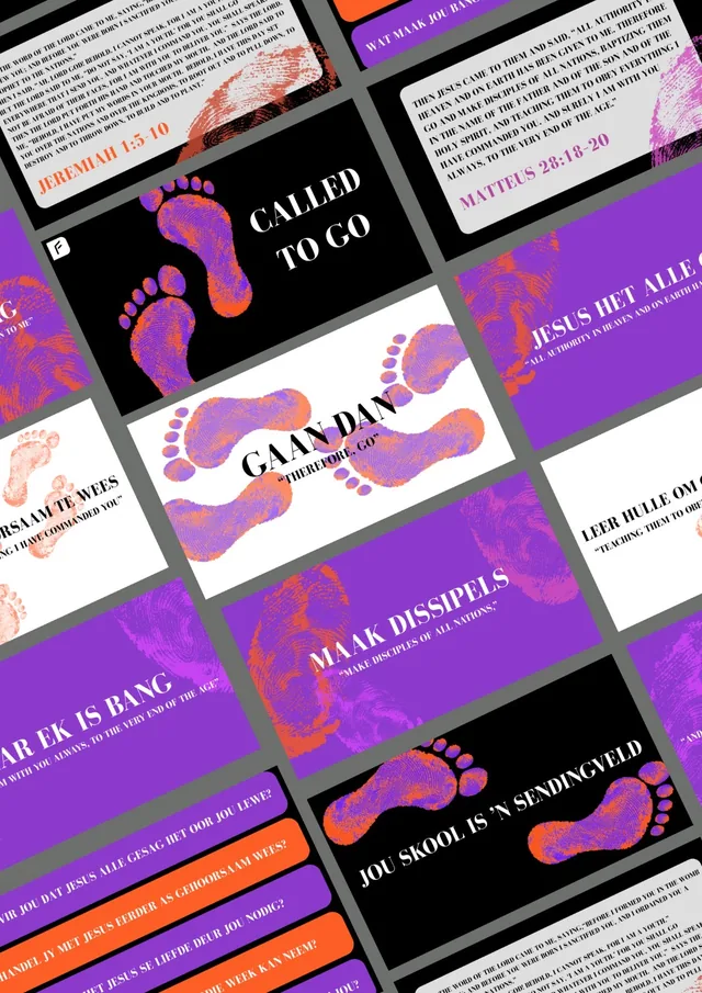 Slides titled Called to Go, with purple and orange fingerprint footprints on black, white and purple backgrounds.