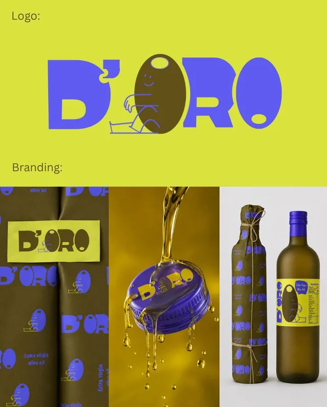 D'ORO olive oil branding: the logo with an olive character sitting inside the wordmark, olive-green wrapping paper, and a bottle with a yellow label.