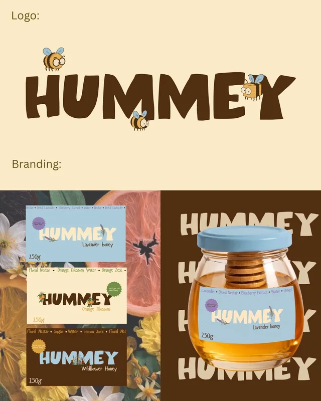 Hummey honey labels for lavender, orange blossom and wildflower honey, and a jar with a pale blue lid and a lavender label.