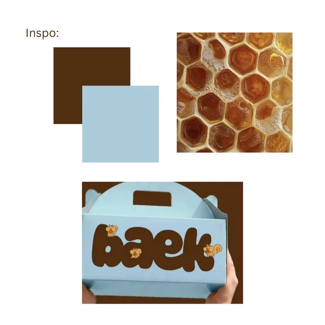 Hummey inspiration board: a brown and pale blue palette, a photograph of honeycomb, and a pale blue box with chunky brown lettering.