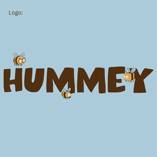 Hummey logo: chunky brown lettering with three cartoon bees, on a pale blue background.