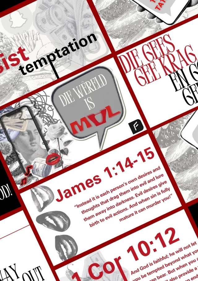 Slides on resisting temptation, in a red, black and grey halftone collage with scripture verses from James and 1 Corinthians.